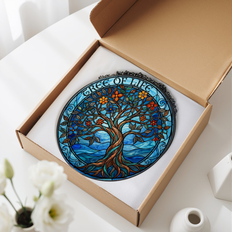 7.8"H Tree Of Life Stained Glass Window Panel, 7.8" H x 7.8" W 