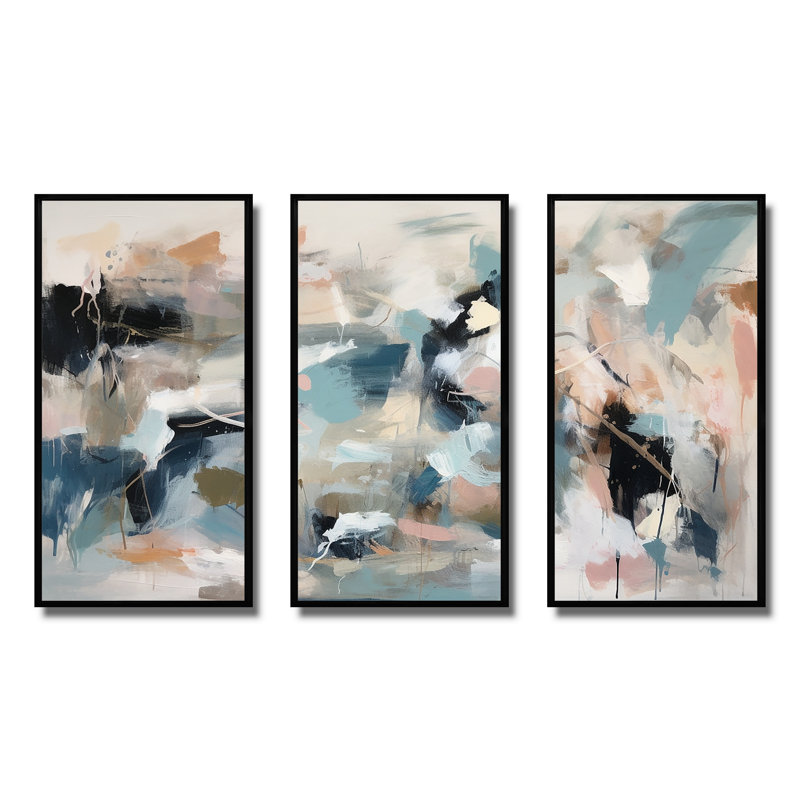 Gris et bleu, vagues vives fluides III - art mural abstrait, H 28 po x l 36 po x P 1 po, Cadre flottant noir