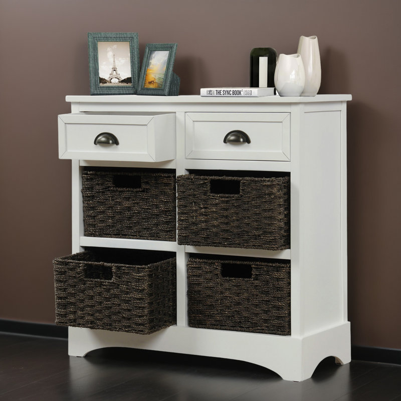 Bueno Wood  Storage Cabinet with Two Drawers and Four Classic Rattan Basket, White