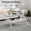 Table basse rectangulaire avec plateau en verre trempé et pieds en métal blanc