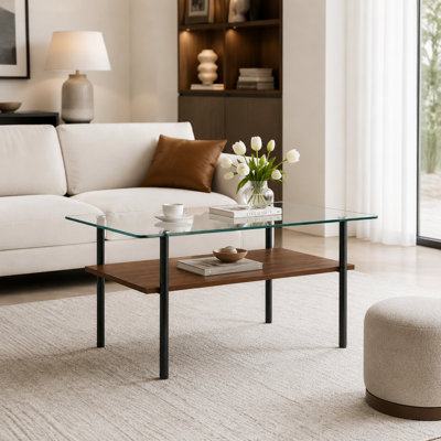 Rectangle Coffee Table, Tempered Glass Tabletop with Black Metal Legs, Modern Table for Living Room , Transparent Glass