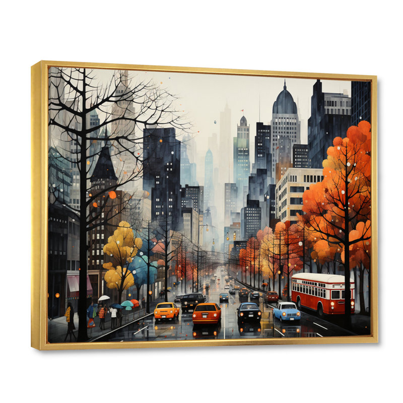 «Bold Cityscape Urban Fog III - City Buildings», art mural, Cadre flottant doré, H 16 po x l 32 po x P 1 po