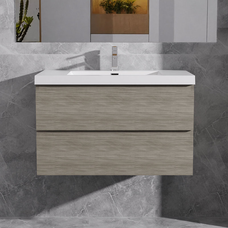 Meuble-lavabo simple flottant simple 42 po avec lavabo à surface solide Dhruven, Naturel