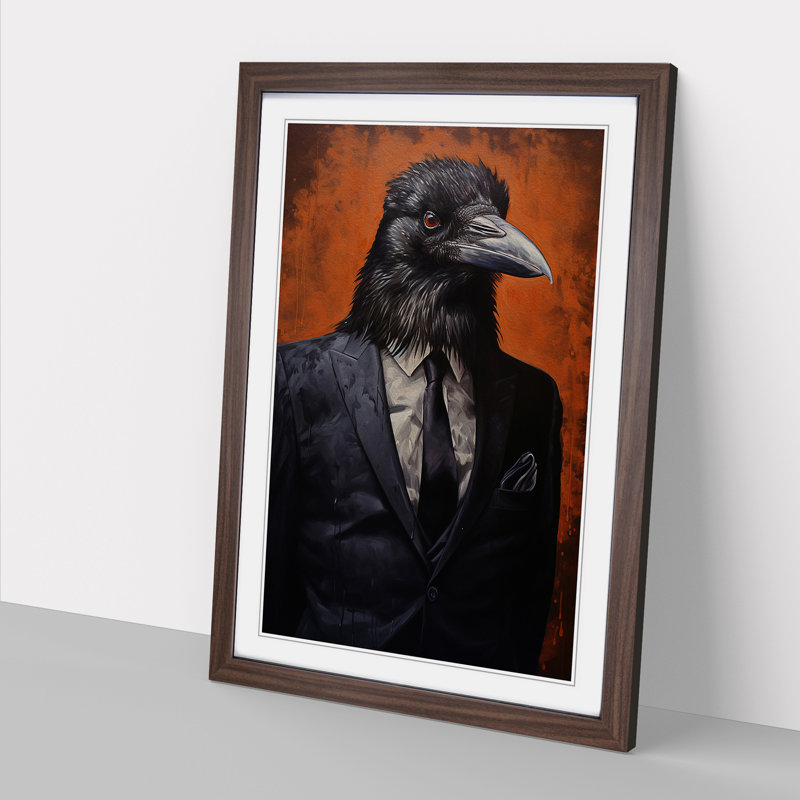 Raven In A Suit No.2 - Single Picture Frame Print on Wood, 46cm H x 34cm W x 2cm D, Walnut