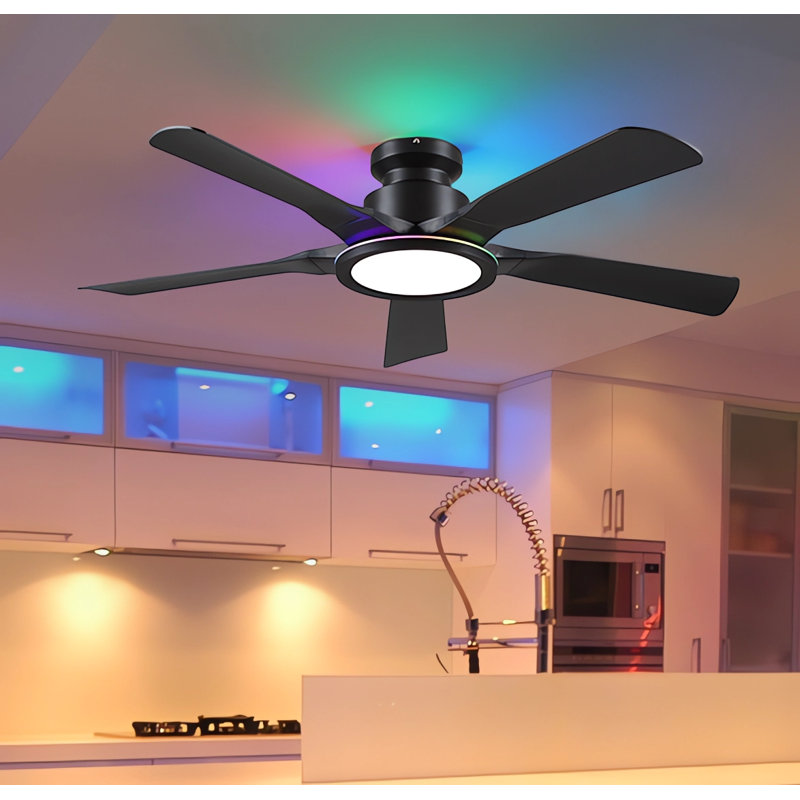 52" Black Low Profile Flush Mount Ceiling Fan With RGB Ring Light, Black with Black Blades