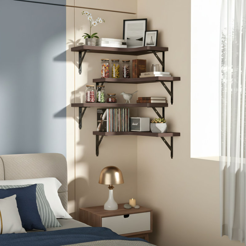 Wall-Mounted Brown Rustic Wood Corner Hanging Shelf Set (4 Pieces), Multi-Functional Storage And Display Shelf, Suitable For Home Décor, Kitchen, Bathroom, And Office Spaces.