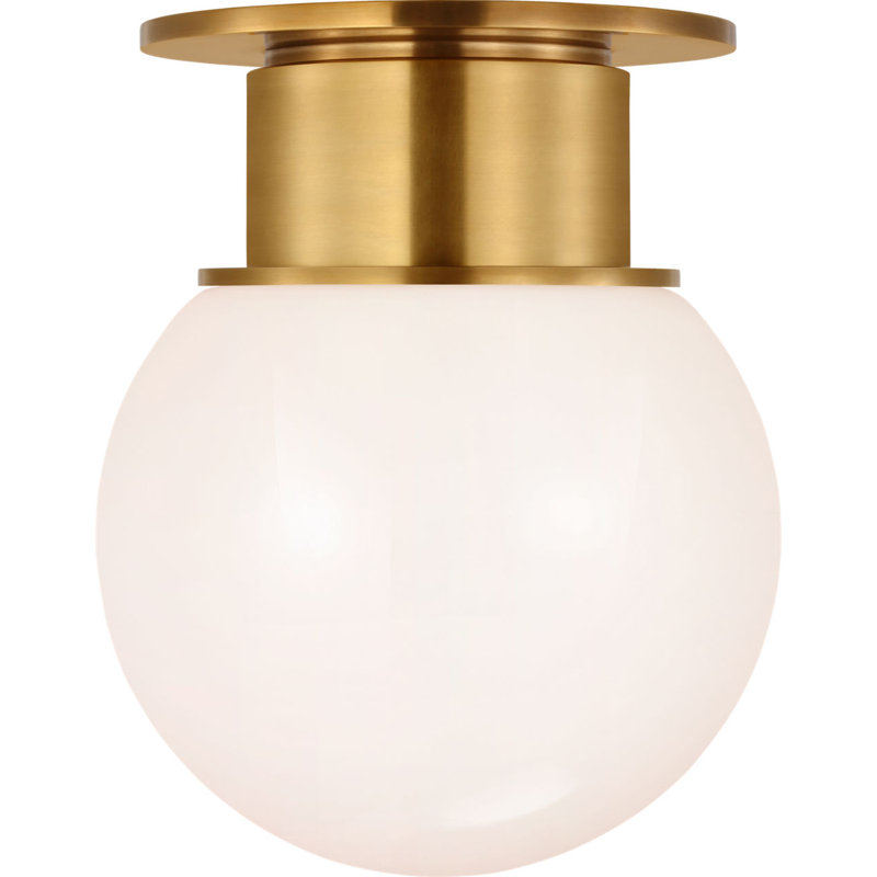 Callan Flush Mount with White Glass Dome, Antique-Burnished Brass, 11" H x 9" W x 9" D