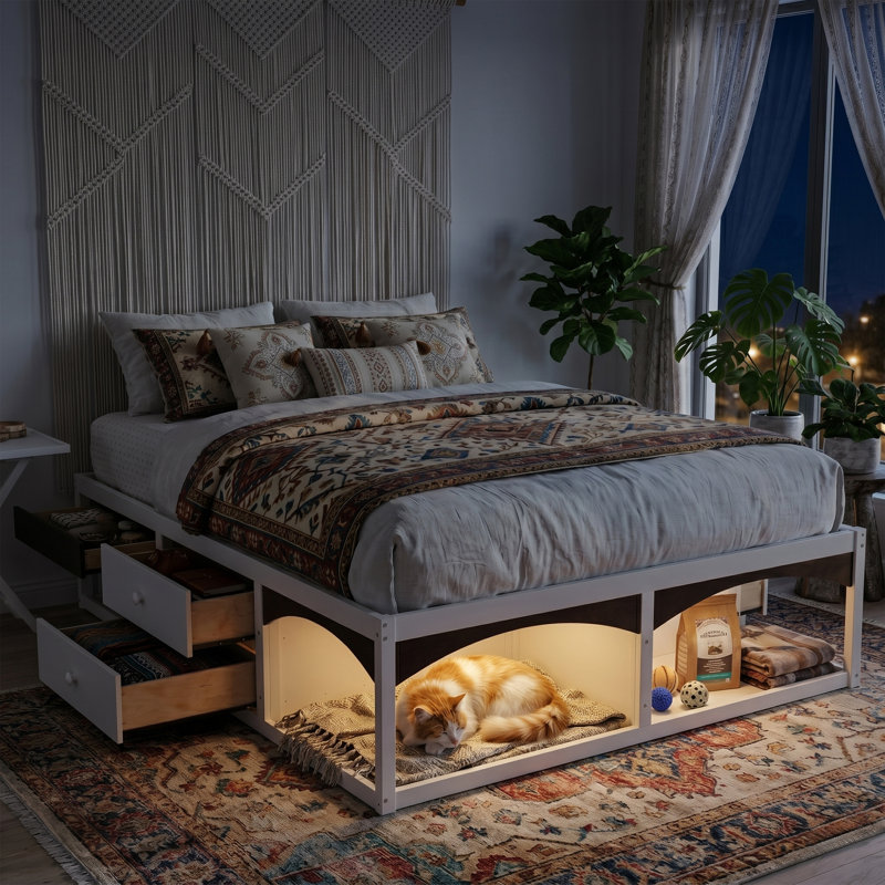 Cadre de lit avec tiroirs de rangement, lit plateforme sans tête de lit avec lumière, conception adaptée aux animaux de compagnie, aucun sommier tapissier requis, style minimaliste moderne