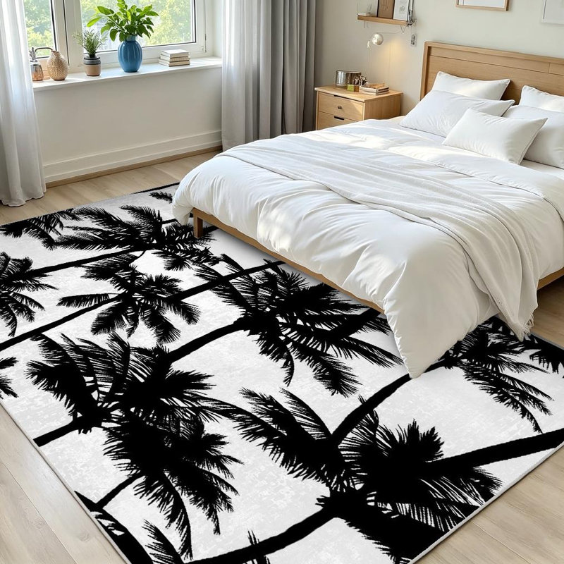 Tapis blanc lavable à la machine, palmiers noirs dessinés pour l'intérieur, Rectangle 71 po x 98 po