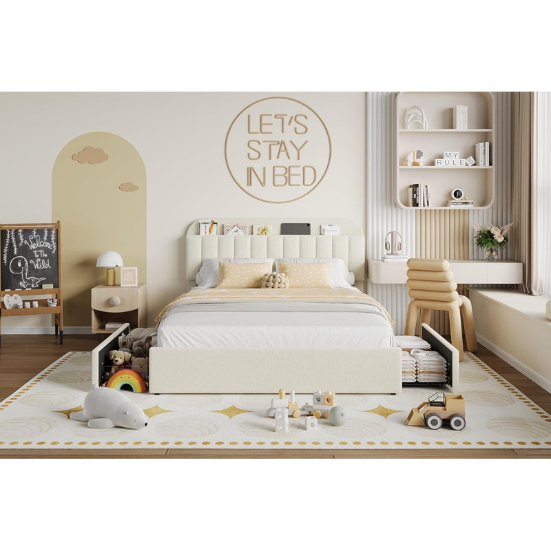 Full Upholstered Kids Platform Bed with Bookcase Headboard & 2 Drawers, Beige, Full