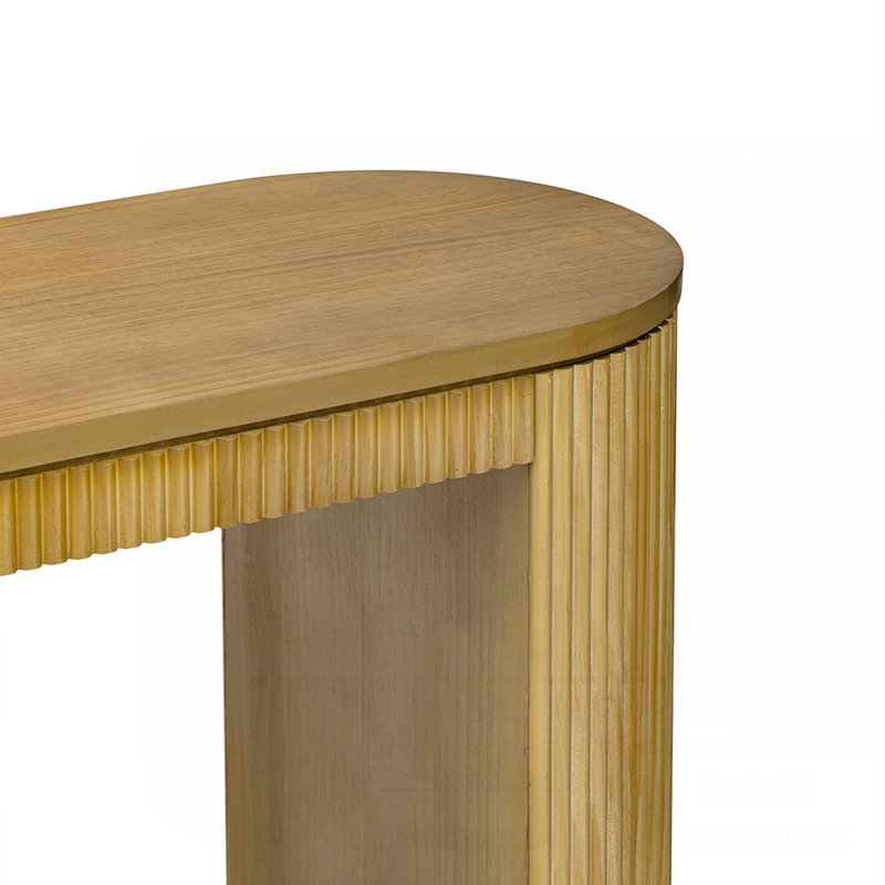 Console moderne en bois de pin avec plateau courbé et pieds à rayures verticales, parfaite pour un décor intérieur élégant et fonctionnel.