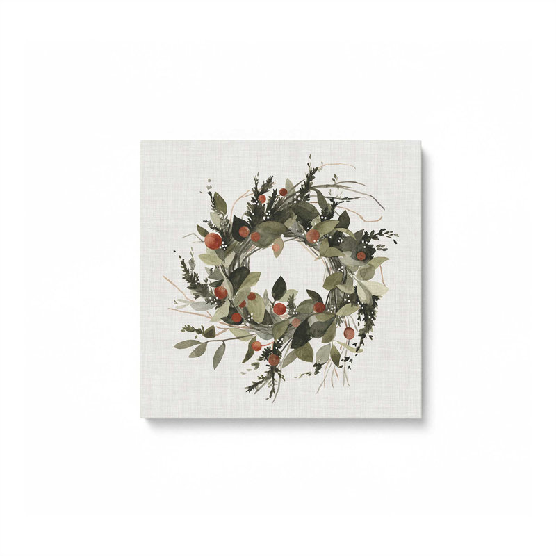 Impression sur toile « Couronne de Noël aux baies II » (40,6 cm x 40,6 cm) dans un cadre blanc, Toile tendue