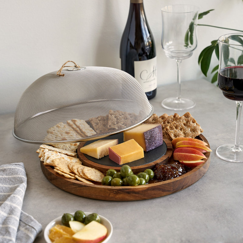 Acacia Wood and Slate Round Cheese Board with Mesh Dome Cover