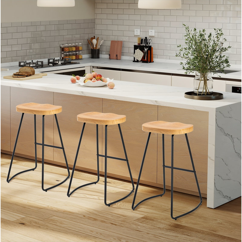 26 Inch Barstool Chair For Kitchen Island, Rustic Saddle, Seat Backless Stools With Metal Leg, Wood, 3