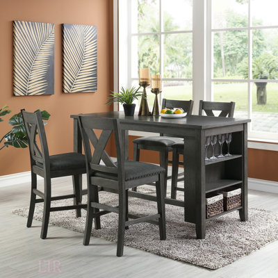 Modern 5Pc Counter Height Dining Set With Storage Shelves And High Chairs, Solid Acacia Wood, Antiqued Wash Finish