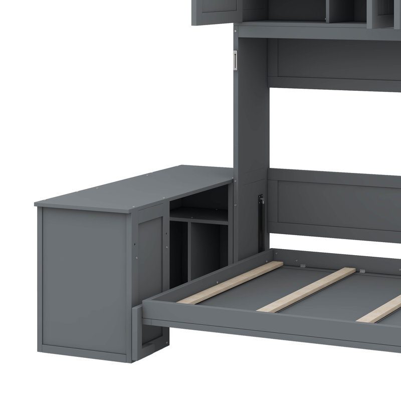 Lit escamotable mural avec bureau, tablettes de rangement et grandes armoires, Gris