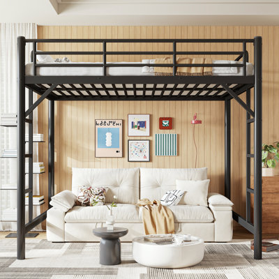Full Size Metal Loft Bed with Easy Climbing Ladder, Guardrails & Dual Ladders, Space-Saving Steel Frame, Under-Bed Storage , Black