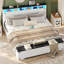 Cadre de lit grand format en métal de style campagnard, lit plateforme blanc antique avec tête de lit à DEL, station de charge et repose-pieds de rangement, lit robuste pour chambre d'adolescent-307448757-324743786