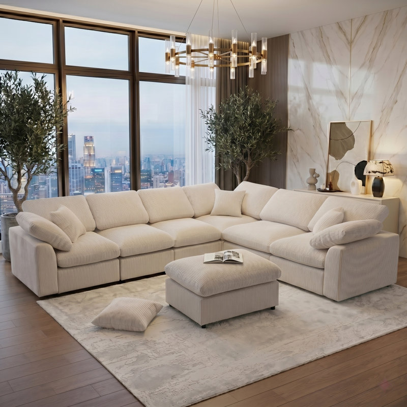 Canapé modulaire surdimensionné à 7 places avec coussins de nuage et repose-pieds mobile - Canapé-lit convertible en L / U, aménagement personnalisable pour les salons spacieux / appartements / bureaux
