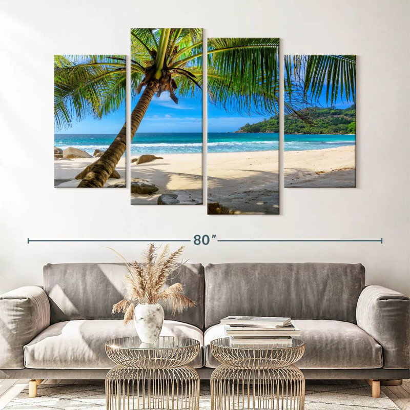 Palmier sur une plage de sable, ensemble de 4 reproductions d'art sur toiles murales, H 68 po x l 42 po x P 1,25 po