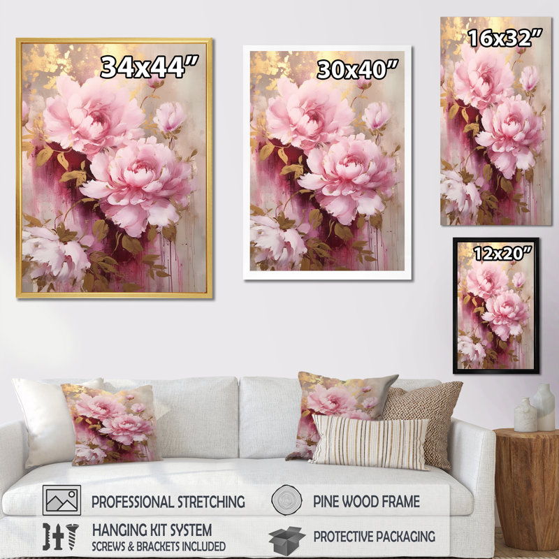 Rose et pivoines dorées dans un éclat - pivoines, art mural large, 32" H x 16" W, Cadre flottant noir