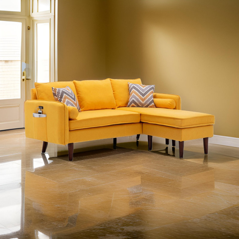 Gouvernour L Shaped Sectional Sofa Chaise with USB Charger & Pillows, Left Hand Facing, 100% Linen, Brown 100% Linen