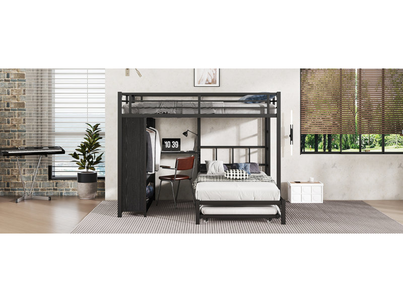 Grand lit superposé simple avec garde-robe intégré, lit superposé en métal avec lit gigogne, bureau pliable, échelles, conception à réduction de bruit, noir