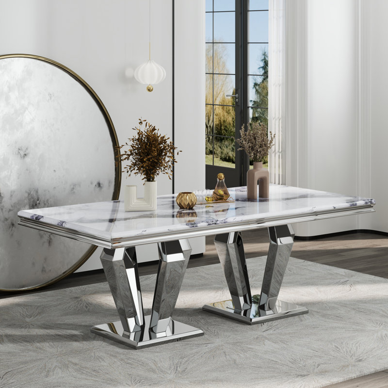 Dellene 78" Grey and Silver Modern Glam Dining Room Table