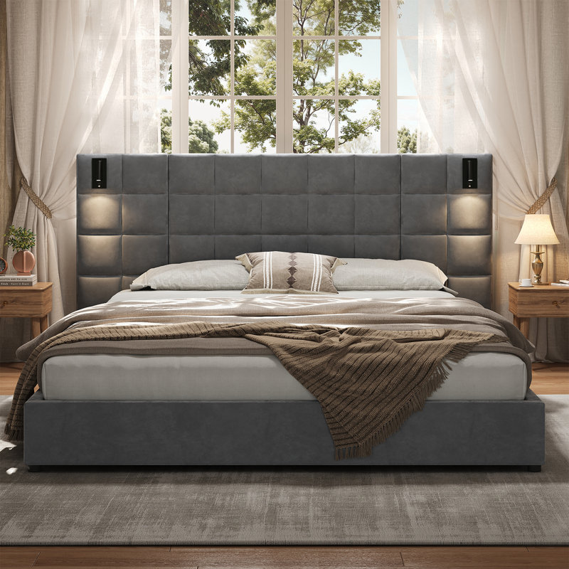 Velvet Upholstered Bed with Wide Headboard, Reading Lamp and USB Port, King