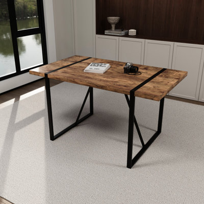 55" Rectangular Dining Table, 1.5" Thick Dark Wood Tabletop, 4-6 Person, Black Metal Legs, Modern Style Person Home & Kitchen Mid Century Accessory