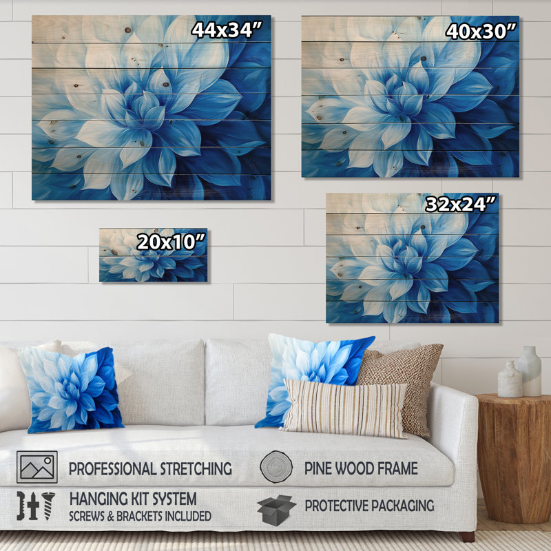 Velvet Blue Cactus Flowers IV - Traditional Wooden Wall Art On Natural Pine Wood, 34" H x 44" W x 0.78" D