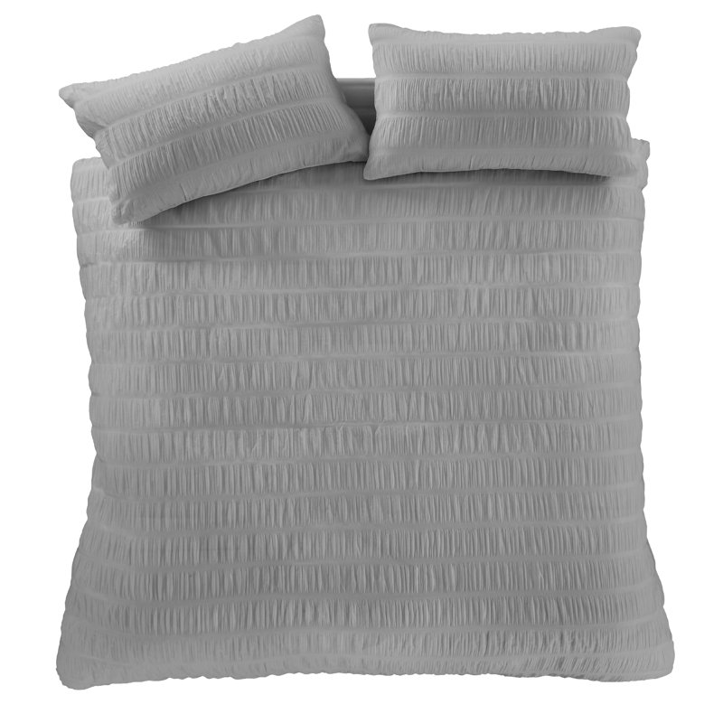 Seersucker Duvet Cover Set with Pillowcases, Grey, Double Duvet Cover + 2 Standard Pillowcases