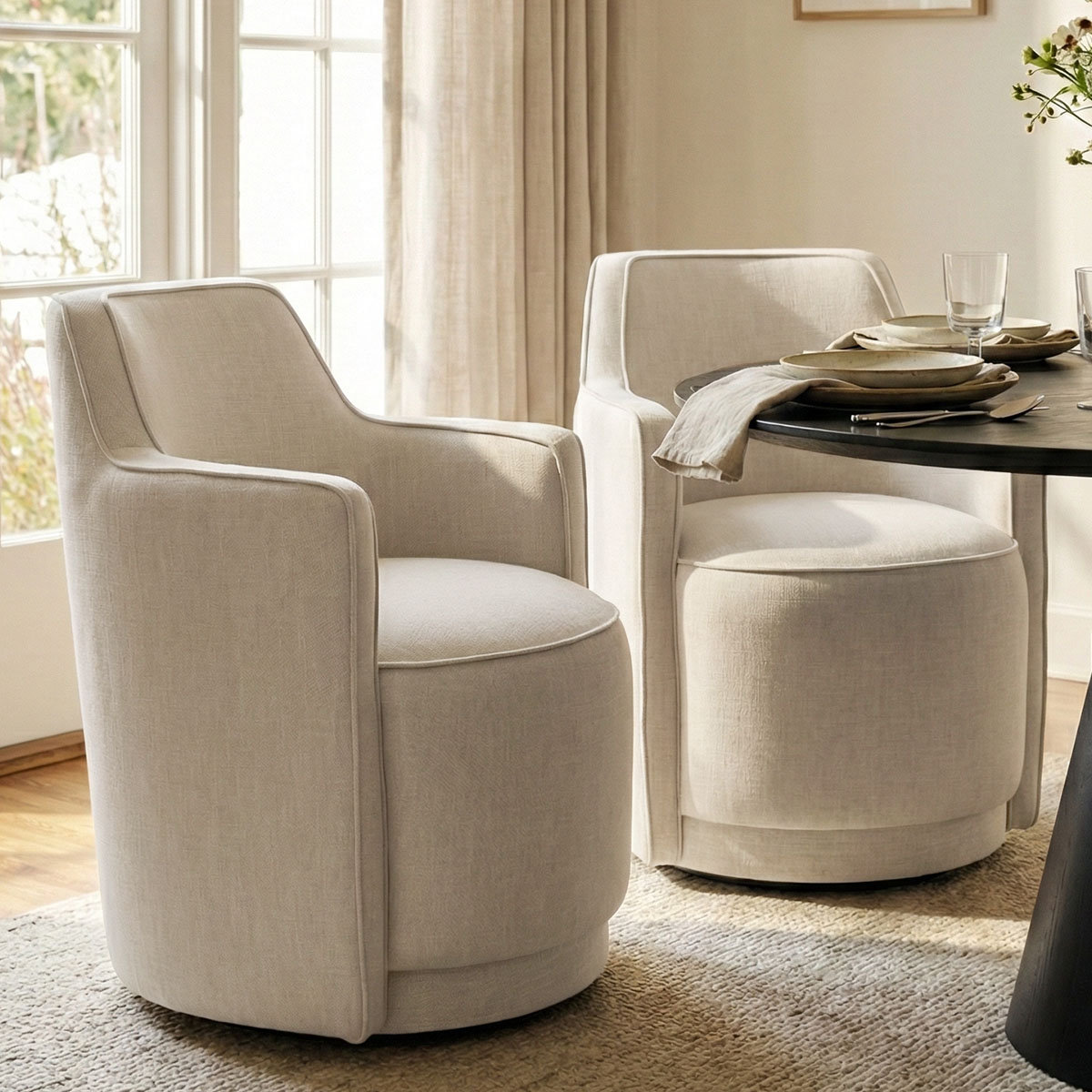 19" Seat Height Upholstered Swivel Dining Chair, Beige