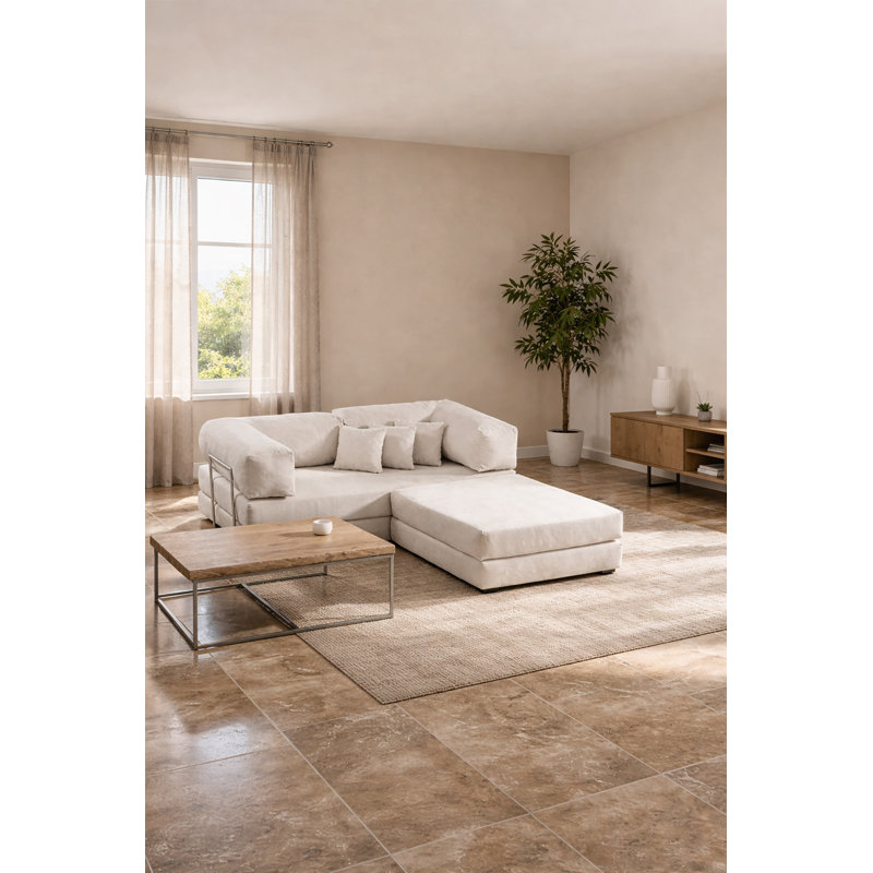 Canapé modulaire en velours crème à assise basse, Crème