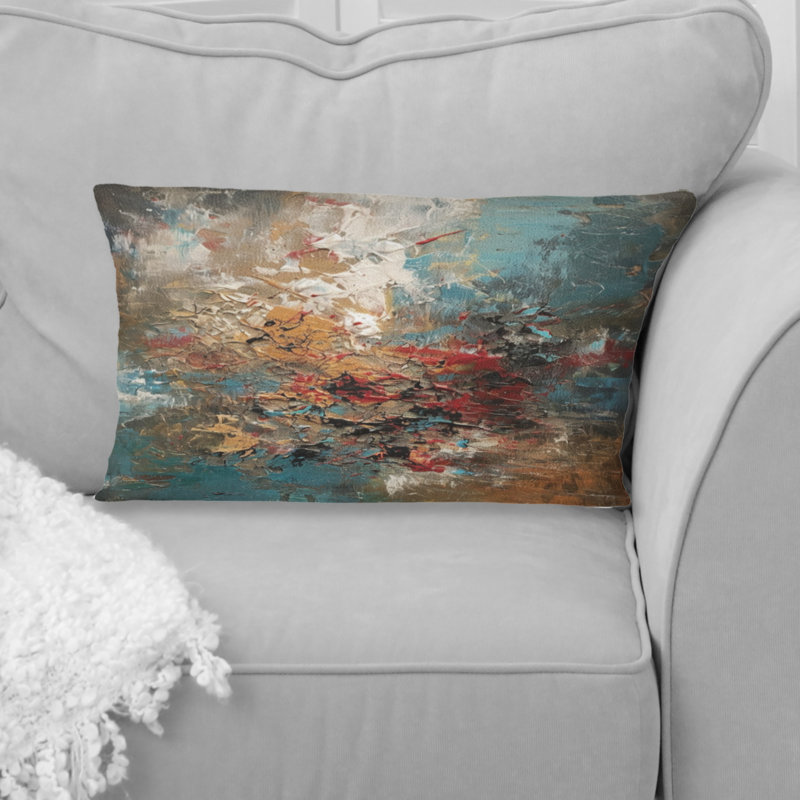Automne, bonheur, après-midi abstrait rouge orange bleu II - Coussin décoratif avec peinture abstraite
