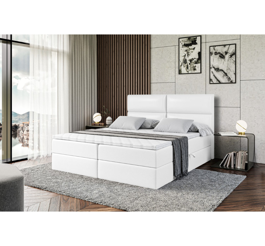 Boxspringbett Crosbie in Kunstlederoptik mit H4 Multipocket-Matratze, Bettkasten und Topper