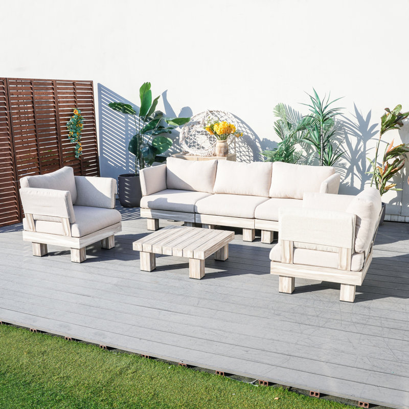 Ensemble de conversation modulaire d'extérieur à grain de bois en aluminium pour 5 personnes avec coussins beige Choi