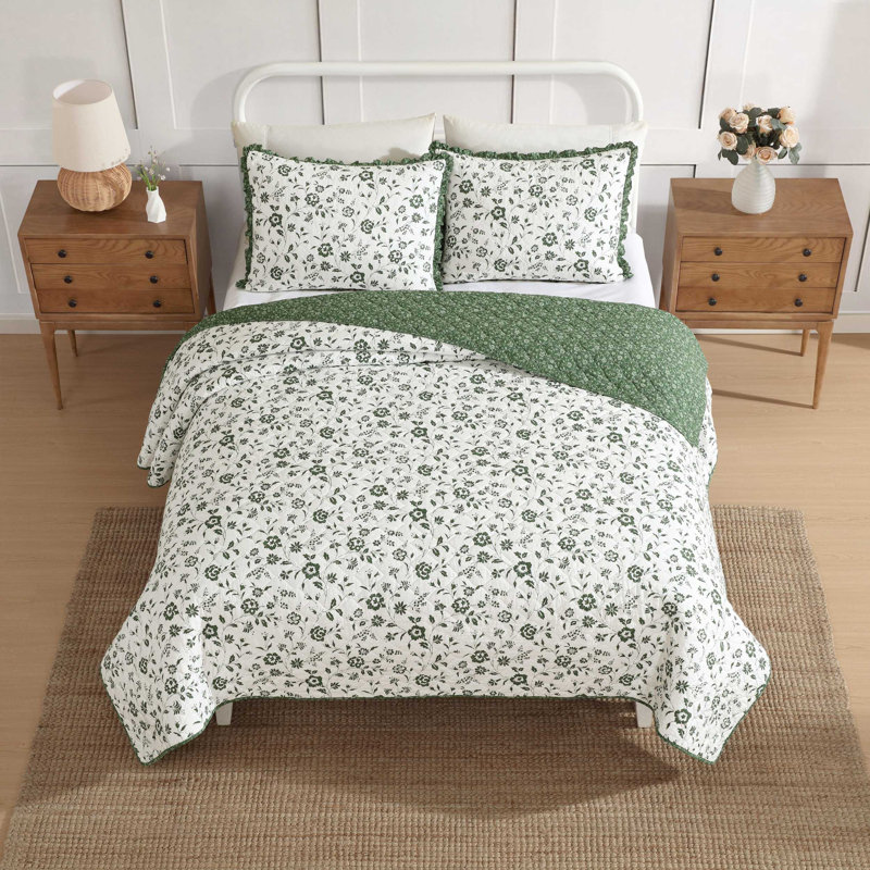 Ensemble de literie en coton Laura Ashley, Courtepointe grand lit + 2 taies d'oreiller standa, Vert