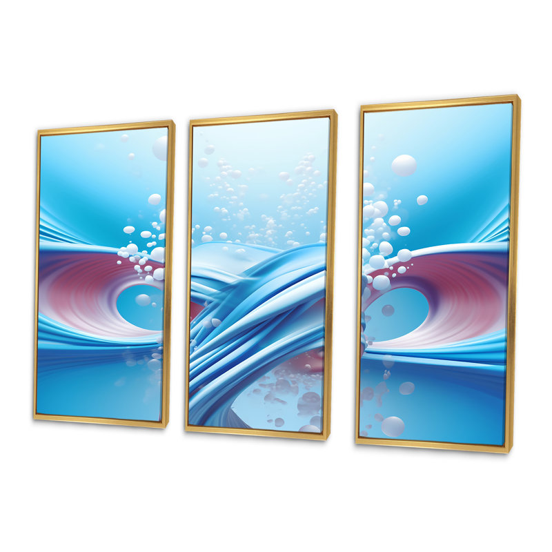Fractal Blue and White Fusion I - impression d'art mural fractal, Cadre flottant doré, H 28 po x l 36 po x P 1 po