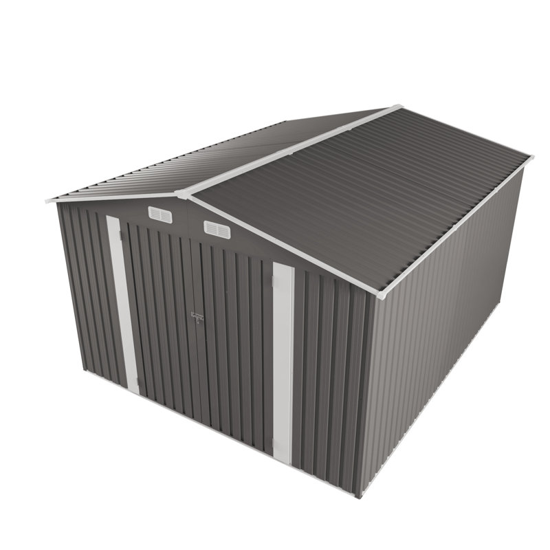 Remise à outils grise en métal pour l'extérieur de 10 pi x 12 pi avec double porte et deux fenêtres pour bacs à outils de garage