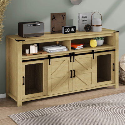 Farmhouse Sideboard With Sliding Barn Door, Mesh Panels And Open Storage