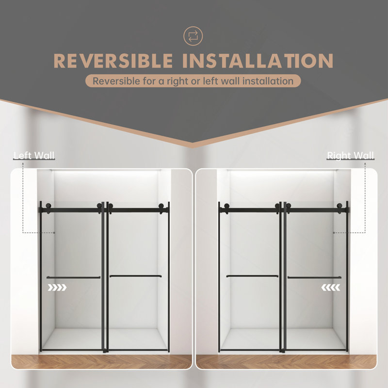 56"-60"W X 76"H Frameless Shower Door, Double Sliding Shower Door, 3/8" (10Mm) Clear Tempered Glass Shower Enclosure With Square Rail,Double Side Easy Clean Coat