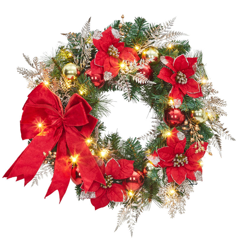 Couronne de Noël pré-éclairée 24 "avec ornements rouges et or et arc, couronne lumineuse à piles