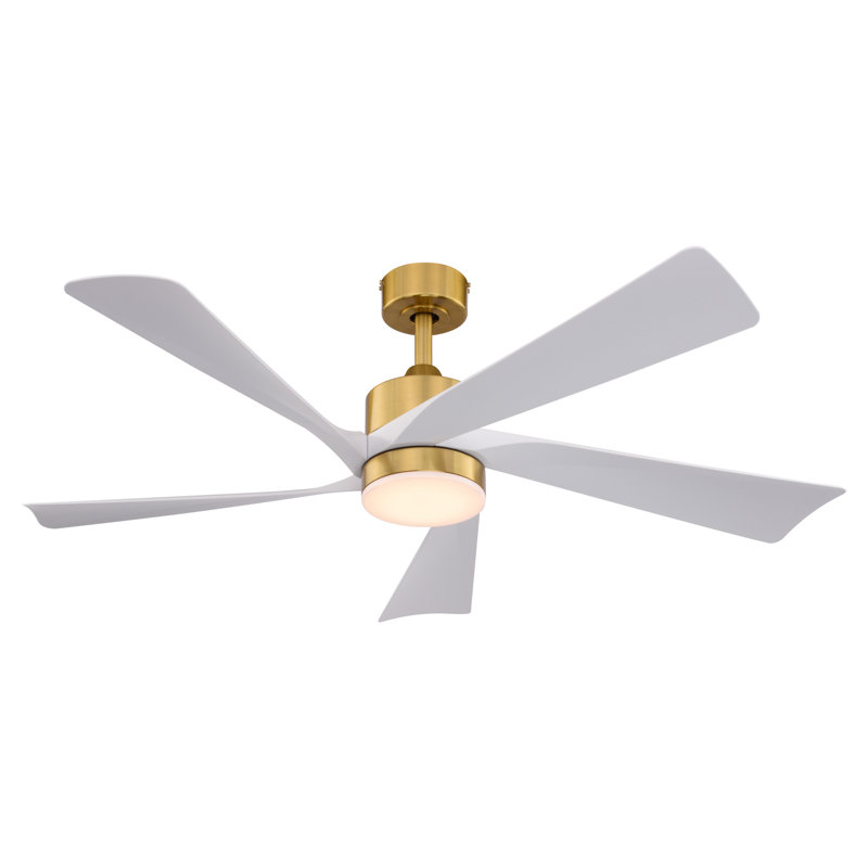  Redmond 52 in. Satin Brass Indoor Rod Mount Contemporary Ceiling Fan with Matte White Blades, Dimmable Integrated LED Light Kit and Remote Control Included, 6 Speed Energy Efficient DC Motor
