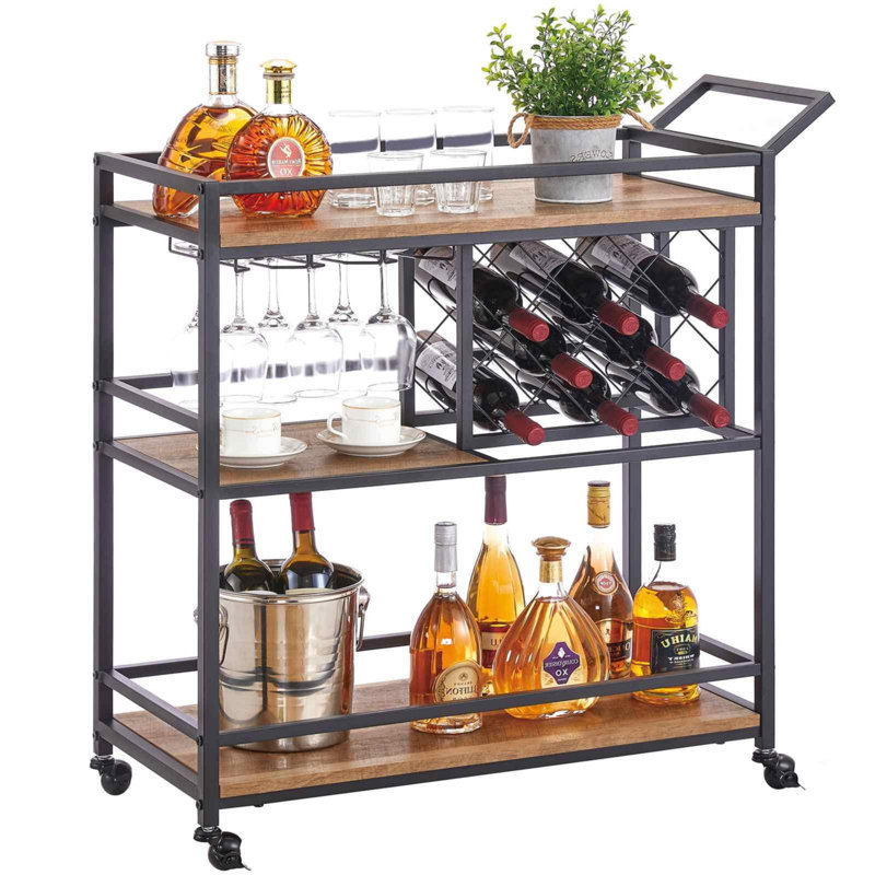 Rustic Oak 3-Tier Rolling Bar Cart with Wine Rack and Glass Holder