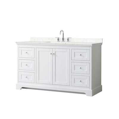 Meuble-lavabo simple 60 po Avery en blanc, comptoir en marbre de culture de Carrare, lavabo carré encastré (3 trous), garniture noir mat