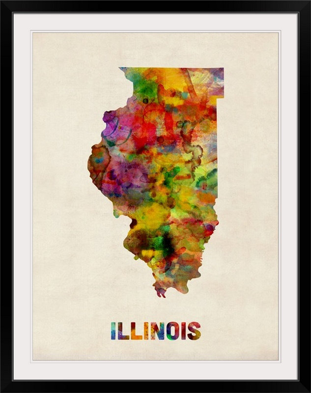 Francy «Illinois Watercolor Map» par Abarca, impression, Cadre noir, H 32 po x l 26 po x P 1 po