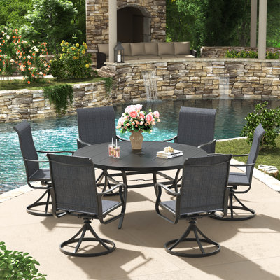 6-Person Patio Dining Set with 50" Round Dining Table and 6 PVC-coated polyester Swivel Dining Chairs