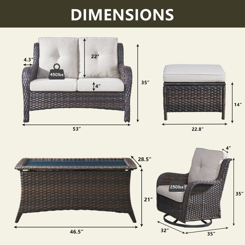 Ensemble de conversation pour 4 personnes avec coussins, Structure brune / coussin beige