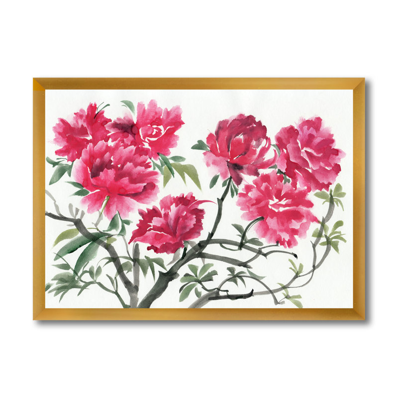 Rétro fleur mauve azalée - peinture sur toile, H 16 po x l 32 po x P 1,5 po, Toile encadrée d'or